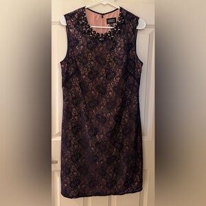 Adrianna Papell Beaded Lace Cocktail Dress w/ Silk Liner, Navy/Pink, Size 12